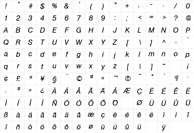 Basic Sans SF Italic Character Map