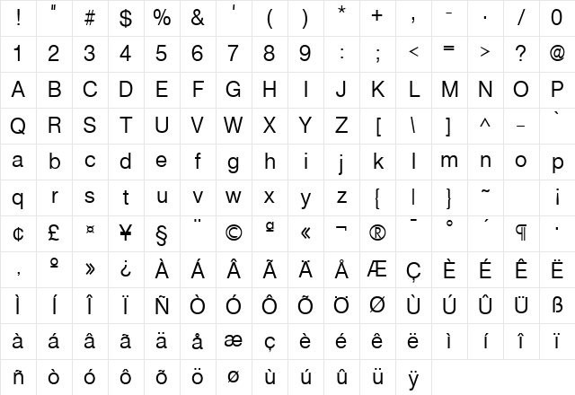 Basic Sans SF Regular Character Map