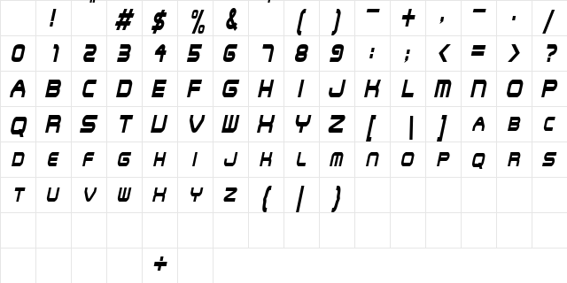 SNFUCondensed Oblique Character Map