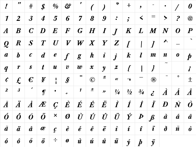Baskerville BoldItalic Character Map Baskerville BoldItalic Character Map