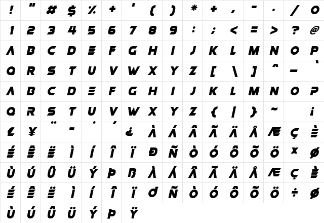 Space Crusaders Italic Character Map Space Crusaders Italic Character Map