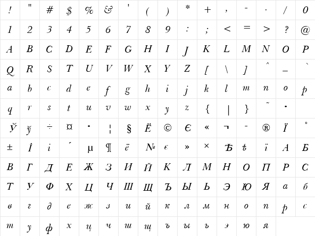 Baskerville Light-Italic Character Map