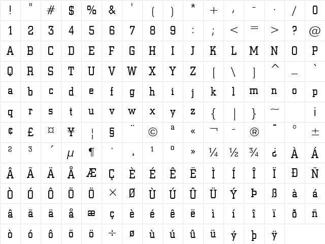 SquareSlab711 Lt BT Light Character Map