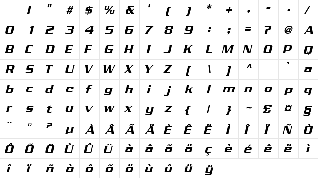 Squared Italic Character Map Squared Italic Character Map