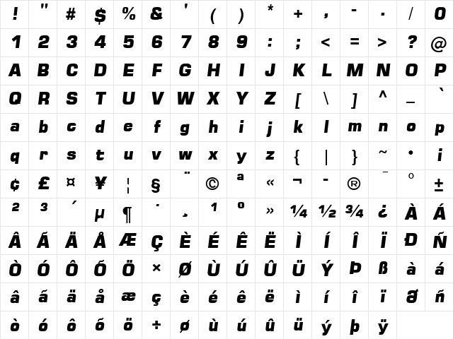 Square 721 Blk Italic Character Map