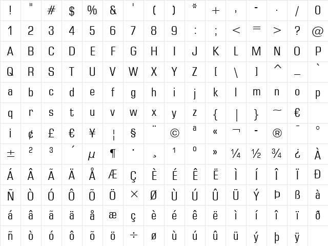 Square721 Cn BT Roman Character Map
