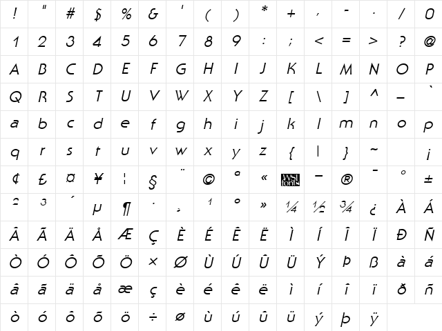 Staid Gothic Italic Character Map