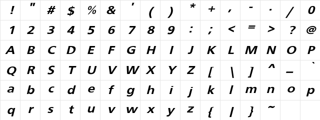 Basler  Expanded Oblique 3 Regular Character Map