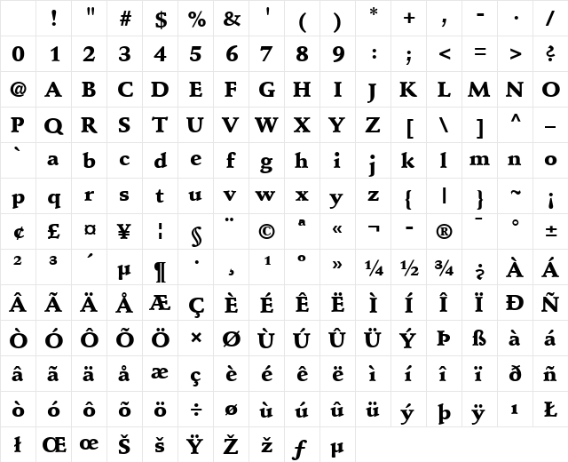 StempelSchneidler LT Medium Bold Character Map