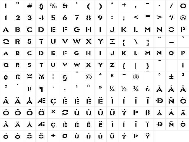 Stencil SansExtended Normal Character Map