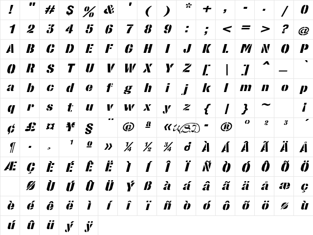 StencilSans Extrabold Italic Character Map
