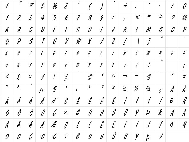 Bassett Thin Italic Character Map