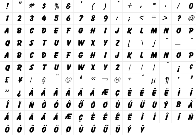 Bassoon Bold Character Map