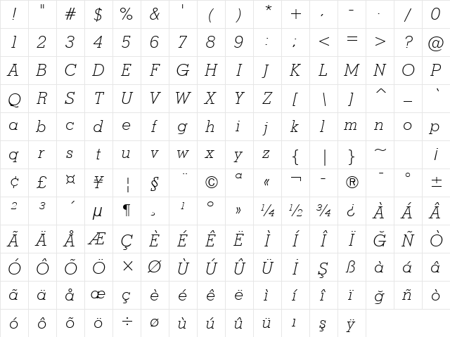 Stymie Lt BT Light Italic Character Map