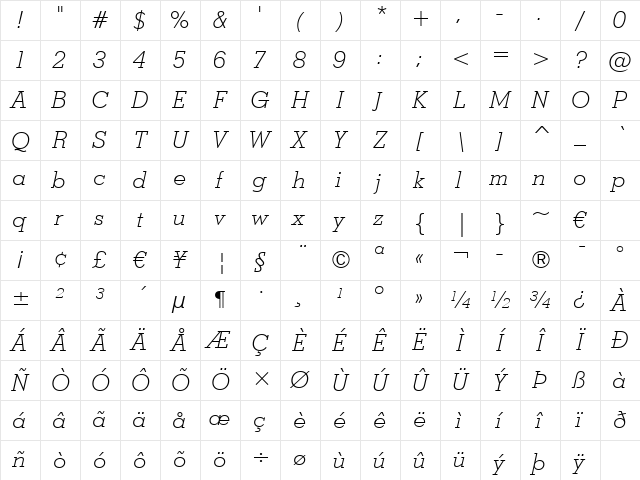 Stymie Lt BT Light Italic Character Map