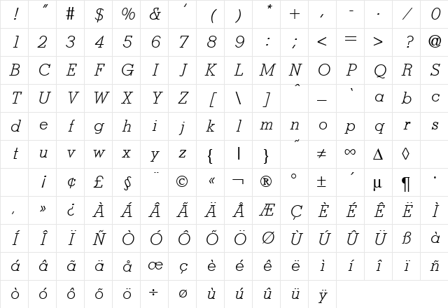 StymieLight RegularItalic Character Map