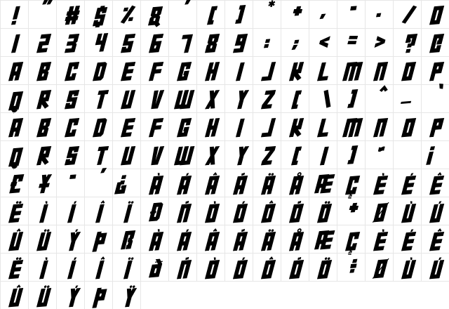 Super Squad Italic Character Map