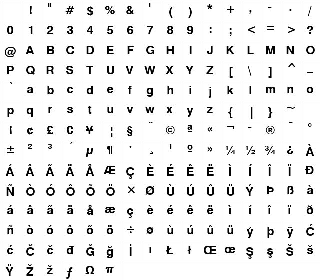 Swis721 BT Bold Character Map