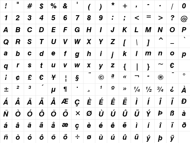 Swis721 BT Bold Italic Character Map