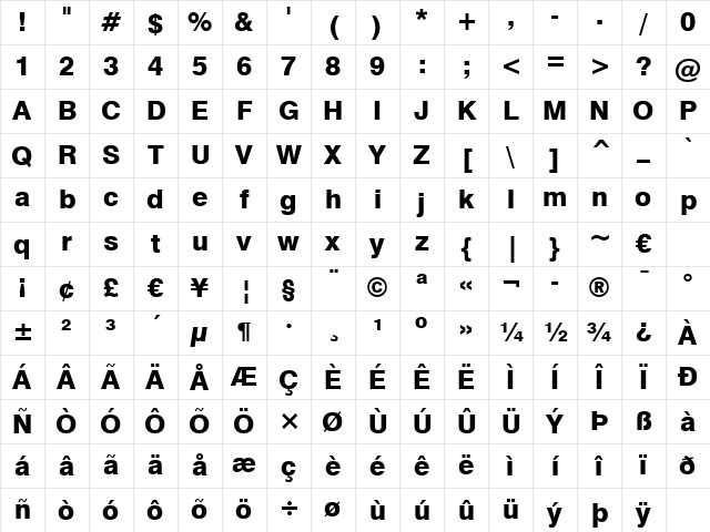 Swis721 Hv BT Heavy Character Map