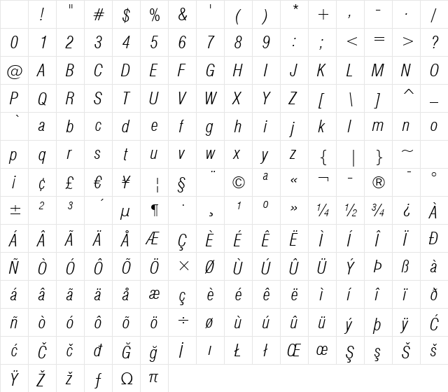 Swis721 LtCn BT Light Italic Character Map