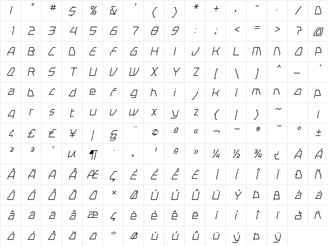 Swerve LightItalic Character Map