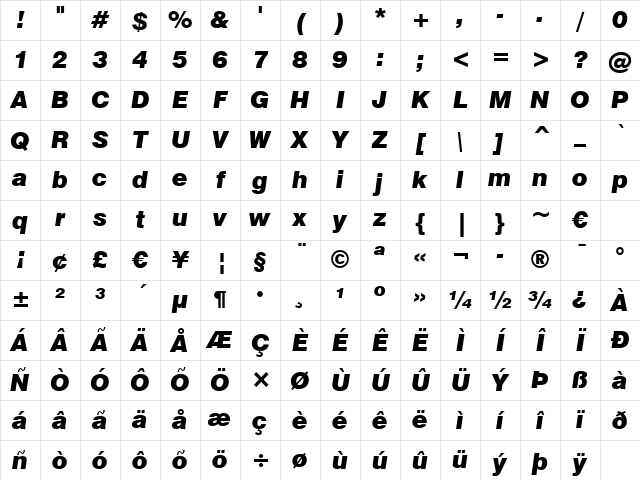 Swis721 Blk BT Black Italic Character Map