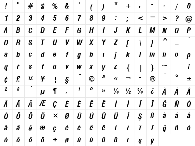 Swis721 Cn BT Bold Italic Character Map Swis721 Cn BT Bold Italic Character Map