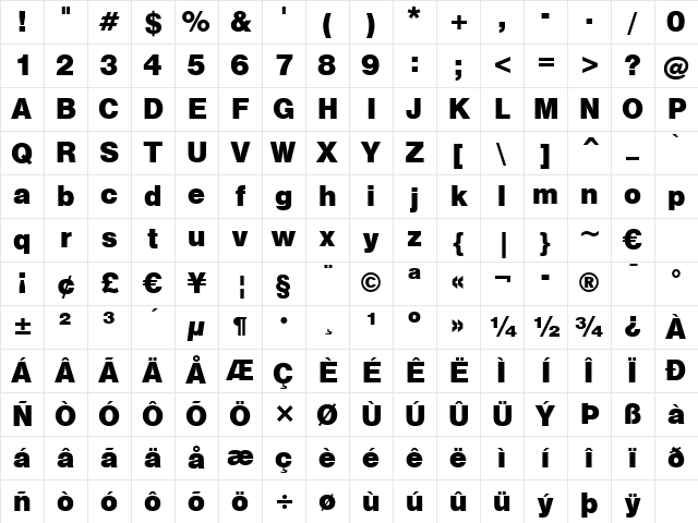 Swis721 Blk2 BT Black Character Map
