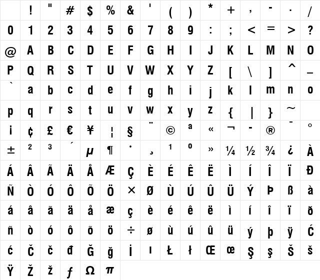 Swis721 Cn BT Bold Character Map