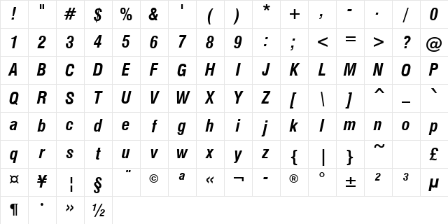Swis721Greek Cn BT Bold Inclined Character Map