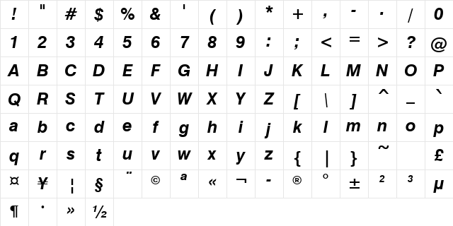 Swis721Greek BT Bold Inclined Character Map Swis721Greek BT Bold Inclined Character Map