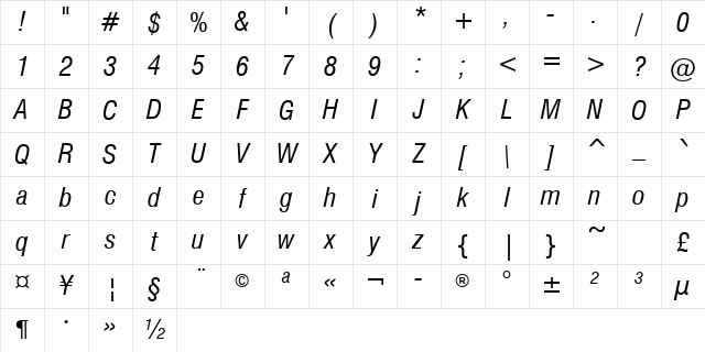 Swis721Greek Cn BT Inclined Character Map