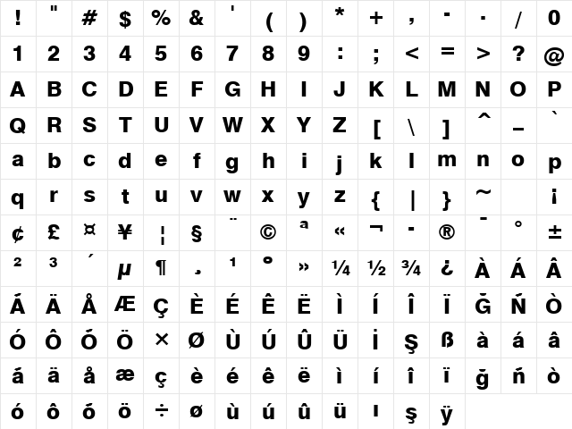 Swis721 Hv BT Heavy Character Map