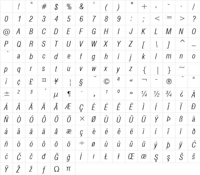 Swis721 LtCn BT Light Italic Character Map Swis721 LtCn BT Light Italic Character Map