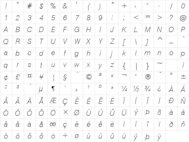 Swis721 Th BT Thin Italic Character Map Swis721 Th BT Thin Italic Character Map