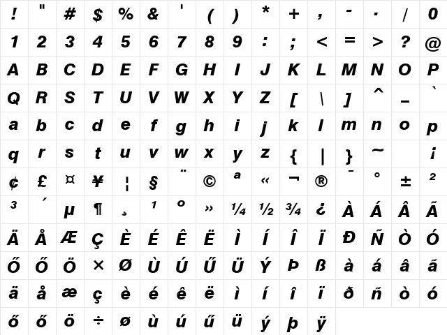 Swiss-721Heavy-HU Italic Character Map