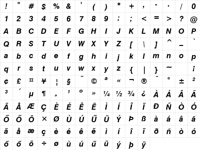 Swiss-721 HU Bold Italic Character Map