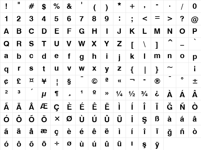 Swis721 BT Bold Character Map