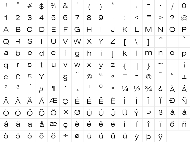 Swis721 LtEx BT Light Character Map