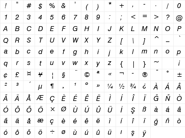 Swis721 BT Italic Character Map