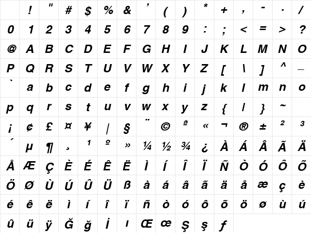 Switzerland Bold Italic Character Map Switzerland Bold Italic Character Map