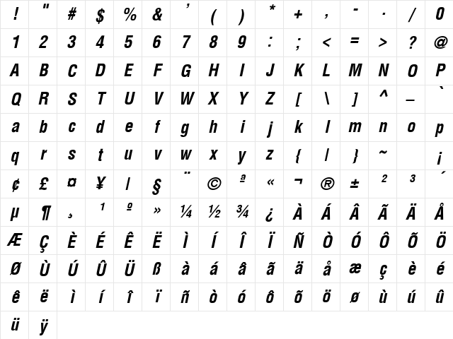 Switzerland Condensed Bold Italic Character Map