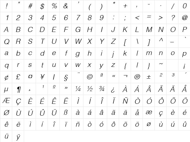 Switzerland Light Italic Character Map