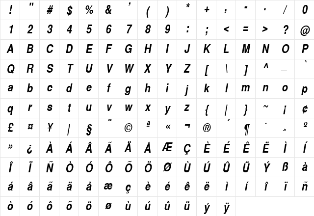 SwitzerlandNarrow Bold Italic Character Map
