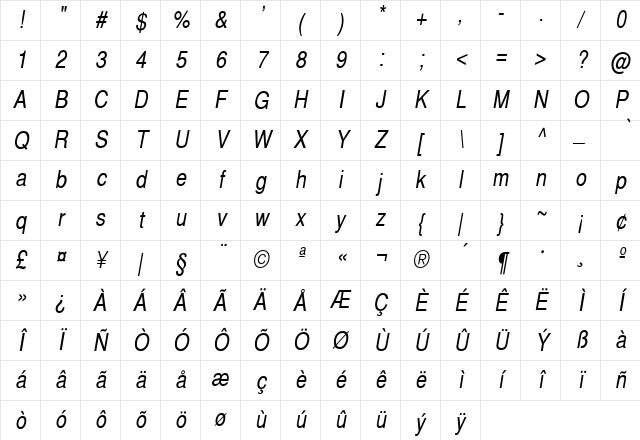 SwitzerlandNarrow Italic Character Map SwitzerlandNarrow Italic Character Map