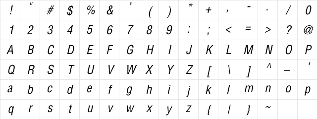 SwitzerlandCondensedItalic Regular Character Map