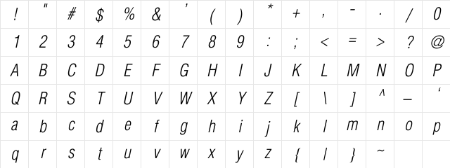 SwitzerlandCondLightItalic Regular Character Map