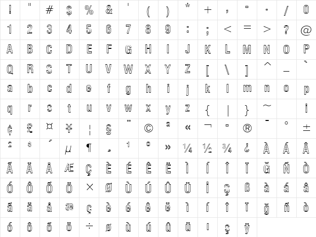 Swis721 CnOut BT Bold Outline Character Map Swis721 CnOut BT Bold Outline Character Map