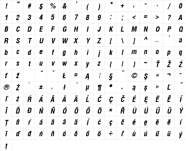 SwitzerlandCondensed Bold Italic Character Map